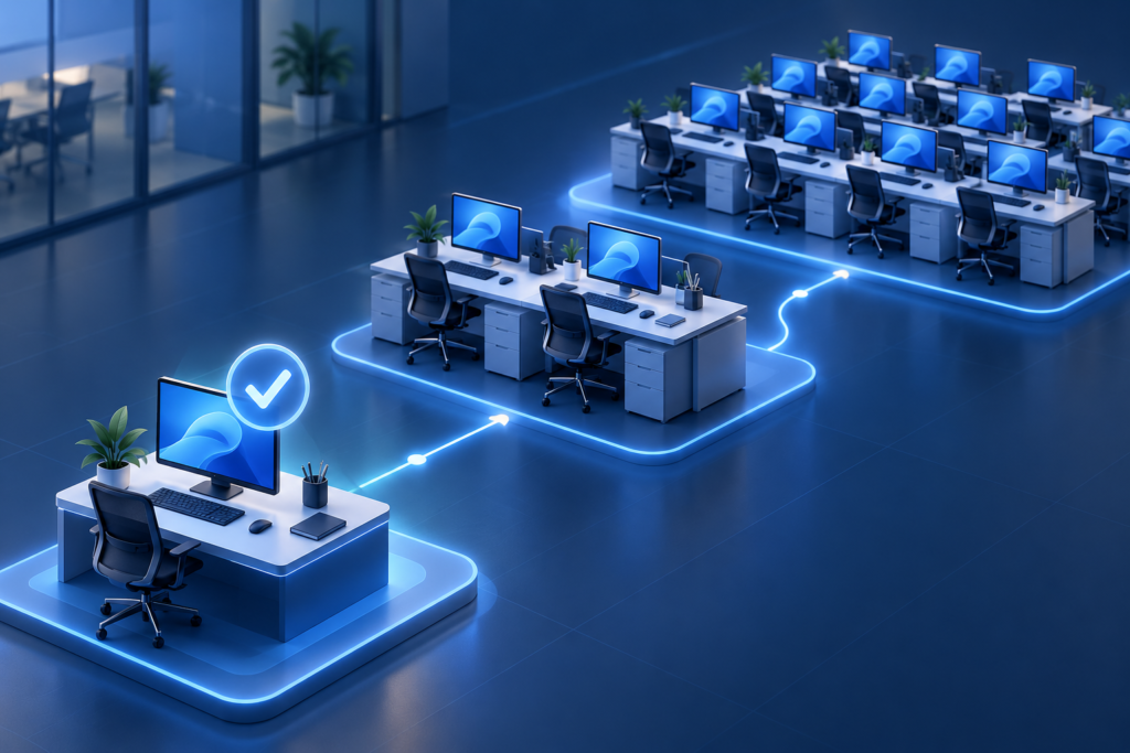 Ilustração azul de computadores organizados em grupos conectados, representando teste piloto e implantação gradual de atualizações.