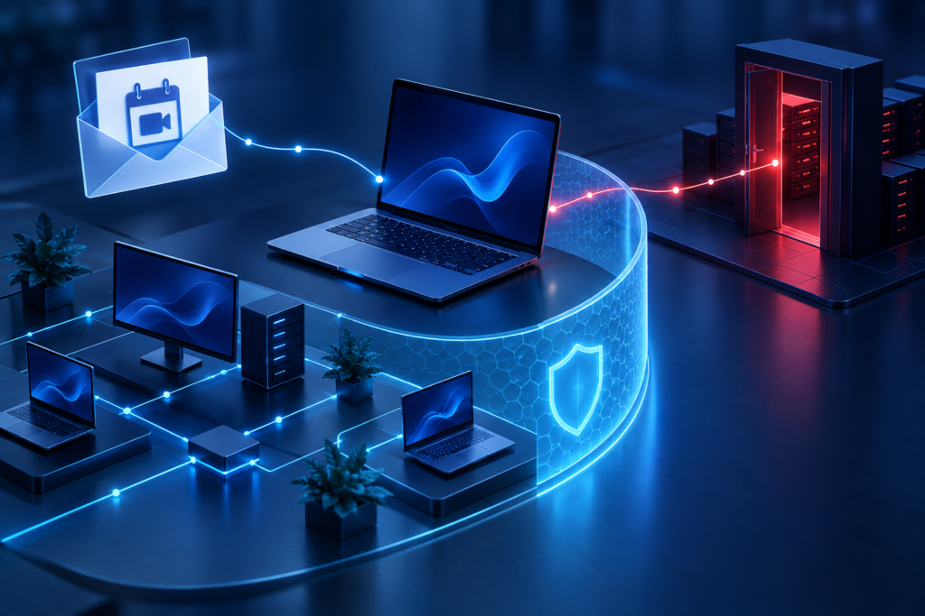Ilustração conceitual de um notebook corporativo, mensagem de e-mail e conexões de acesso remoto protegidas por um escudo azul.